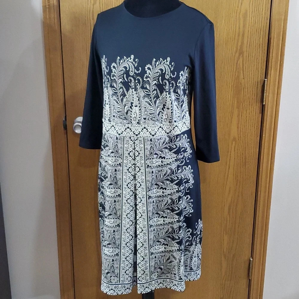 J Jill wearever collection long sleeve floral grey on black midi dress easy wear